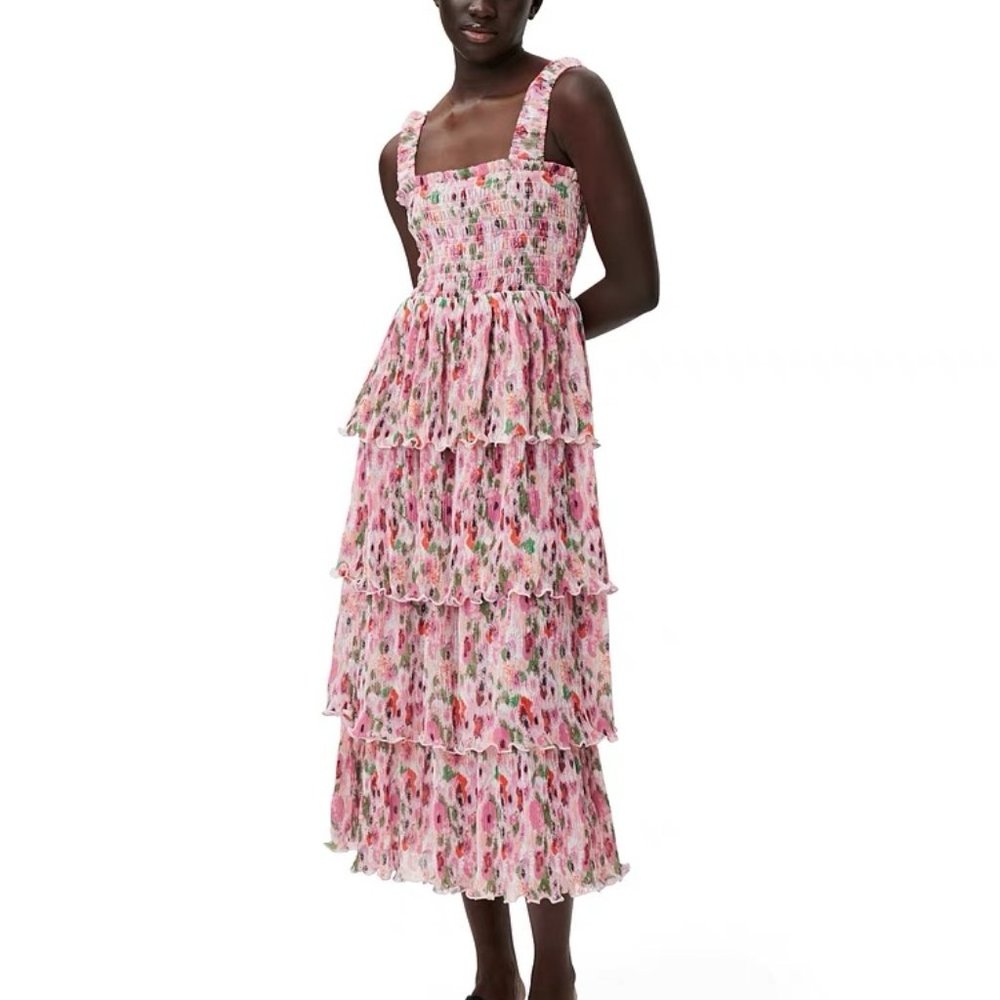 GANNI PLEATED GEORGETTE SMOCK MIDI DRESS